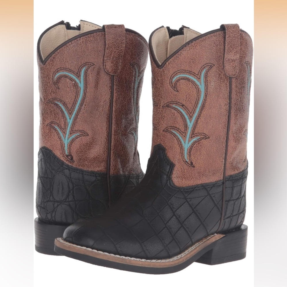 Old West Brown and Black Cowboy Boots with Blue Stitching